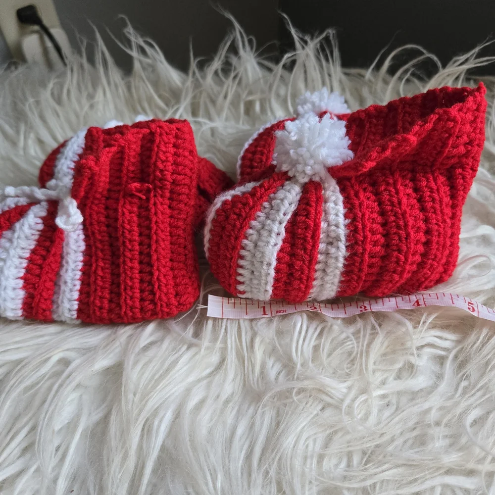 Red and White Knitted Baby Booties